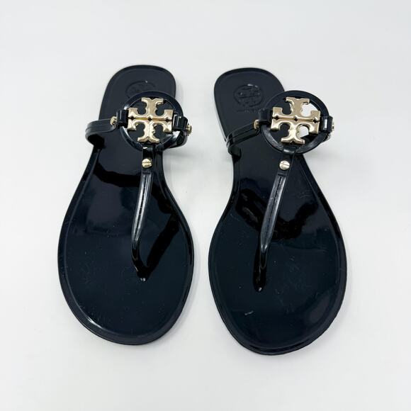 Tory Burch Black Jelly Mini Miller Sandals Size 7 EUC Thong Style T Logo Accent - Picture 2 of 9
